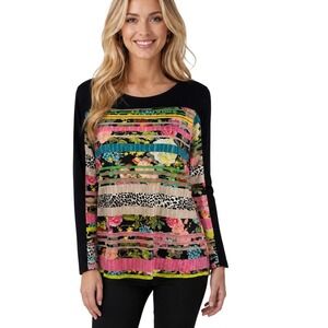 Santoni Boho Floral Leopard Striped Long Sleeve Top Johnny Was Inspired L XL NEW